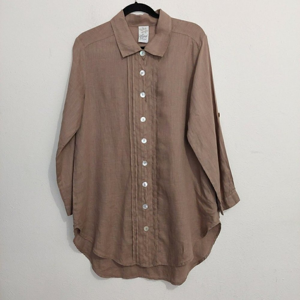 Match Point Tan Brown 3/4 Sleeve 100% Linen Tunic‎ Top Coastal Grandma Small